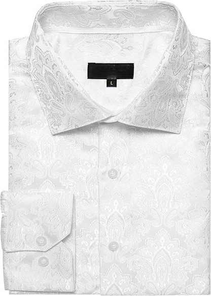 Men's Silk Paisley Dress Shirts,White Paisley