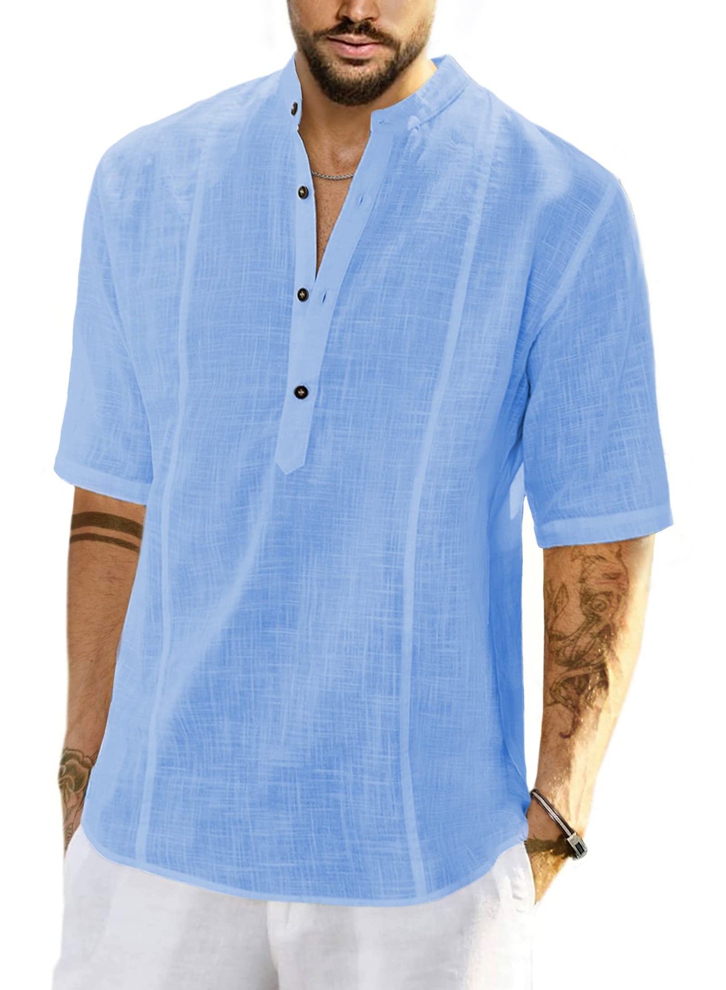 JMIERR Mens Cotton Linen Henley Shirt Casual Button Down Short Sleeve Tropical Shirts Summer Beach T Shirts