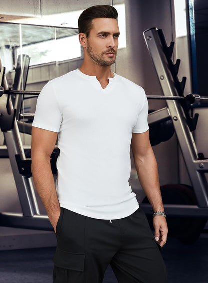 JMIERR Mens Muscle Slim T Shirt V-Neck Longline Henley Shirt Gym Workout Athletic Tee Shirts