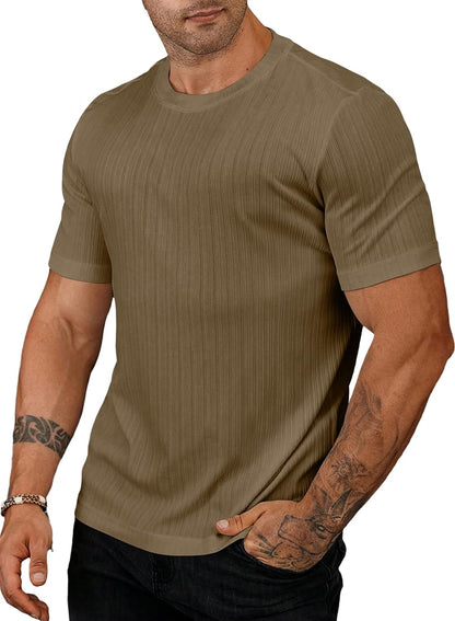 JMIERR Men's Muscle T Shirt Crewneck Short Sleeve Slim Fit Longline Ribbed Knit Stretch Workout Tee Shirts