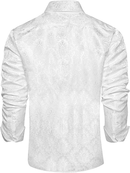 Men's Silk Paisley Dress Shirts,White Paisley