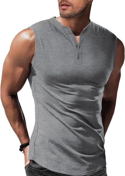 JMIERR Men's Muscle Sleeveless Tank Tops Slim Henley Longline Cotton T-Shirt Tees with Button