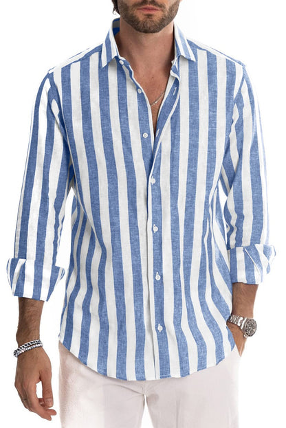 JMIERR Men's Linen Shirts Casual Long Sleeve Button-Down Striped Dress Shirt