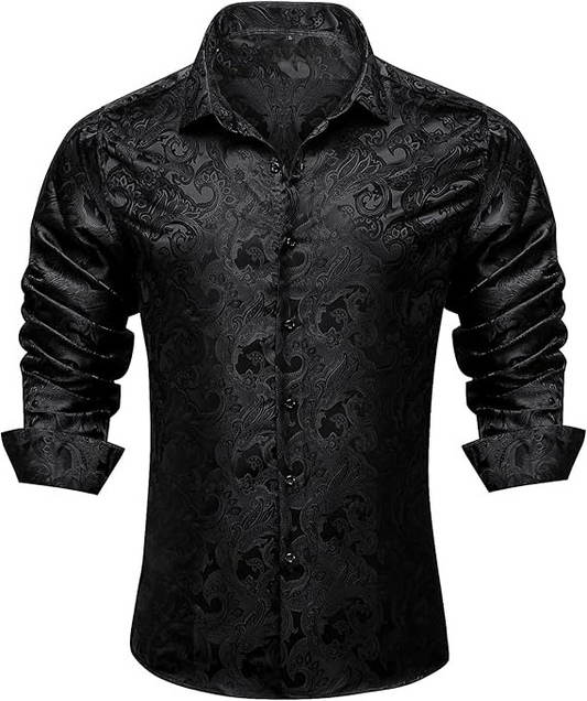 Men's Silk Paisley Dress Shirts,Paisley Black
