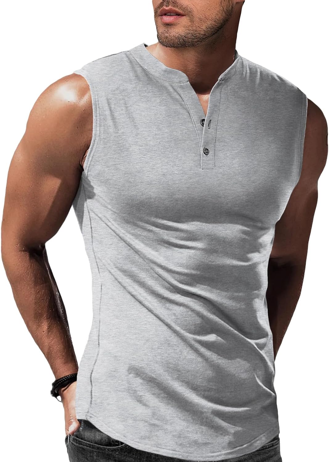 JMIERR Men's Muscle Sleeveless Tank Tops Slim Henley Longline Cotton T-Shirt Tees with Button