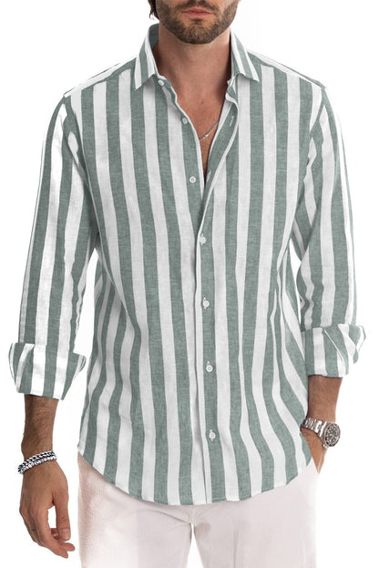 JMIERR Men's Linen Shirts Casual Long Sleeve Button-Down Striped Dress Shirt