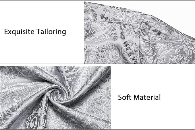 Men's Silk Paisley Dress Shirts,Solid Silver