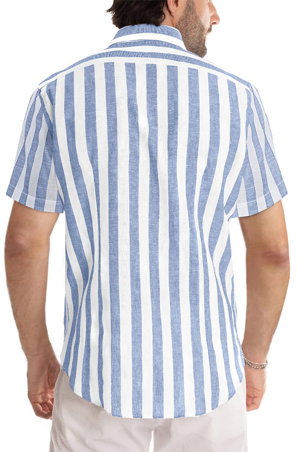 JMIERR Men's Casual Stylish Short Sleeve Button-Up Striped Dress Shirts Cotton Shirt