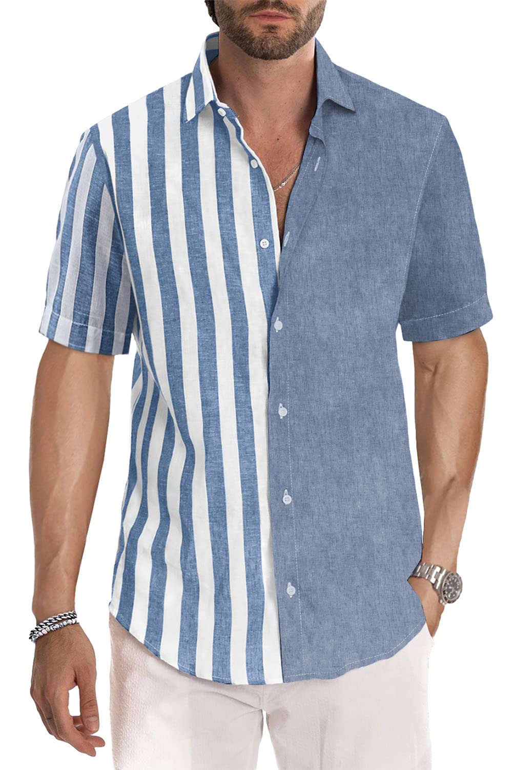 JMIERR Men's Casual Stylish Short Sleeve Button-Up Striped Dress Shirts Cotton Shirt