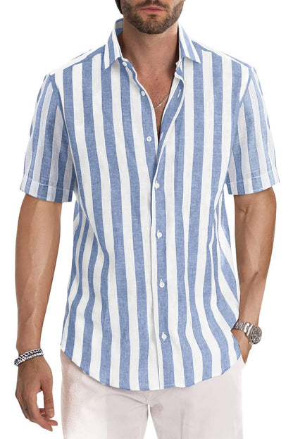 JMIERR Men's Casual Stylish Short Sleeve Button-Up Striped Dress Shirts Cotton Shirt