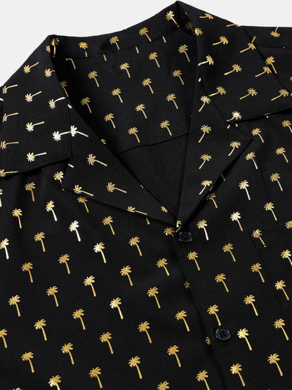 Men's Golden Palm Tree Cuban Collar Short Sleeve Shirt