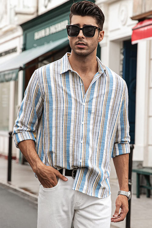 JMIERR Men's Linen Shirts Casual Long Sleeve Button-Down Striped Dress Shirt
