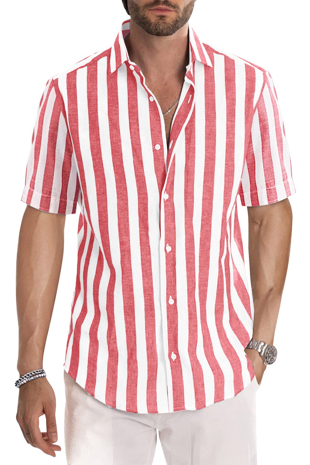 JMIERR Men's Casual Stylish Short Sleeve Button-Up Striped Dress Shirts Cotton Shirt