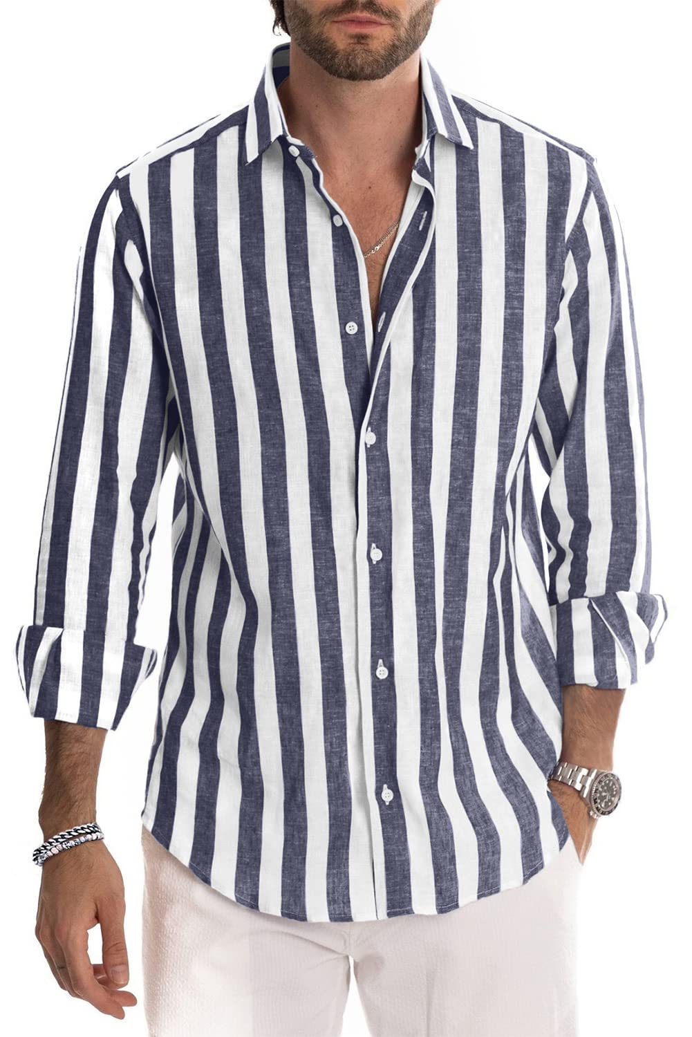 JMIERR Men's Linen Shirts Casual Long Sleeve Button-Down Striped Dress Shirt