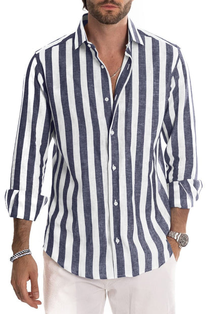 JMIERR Men's Linen Shirts Casual Long Sleeve Button-Down Striped Dress Shirt