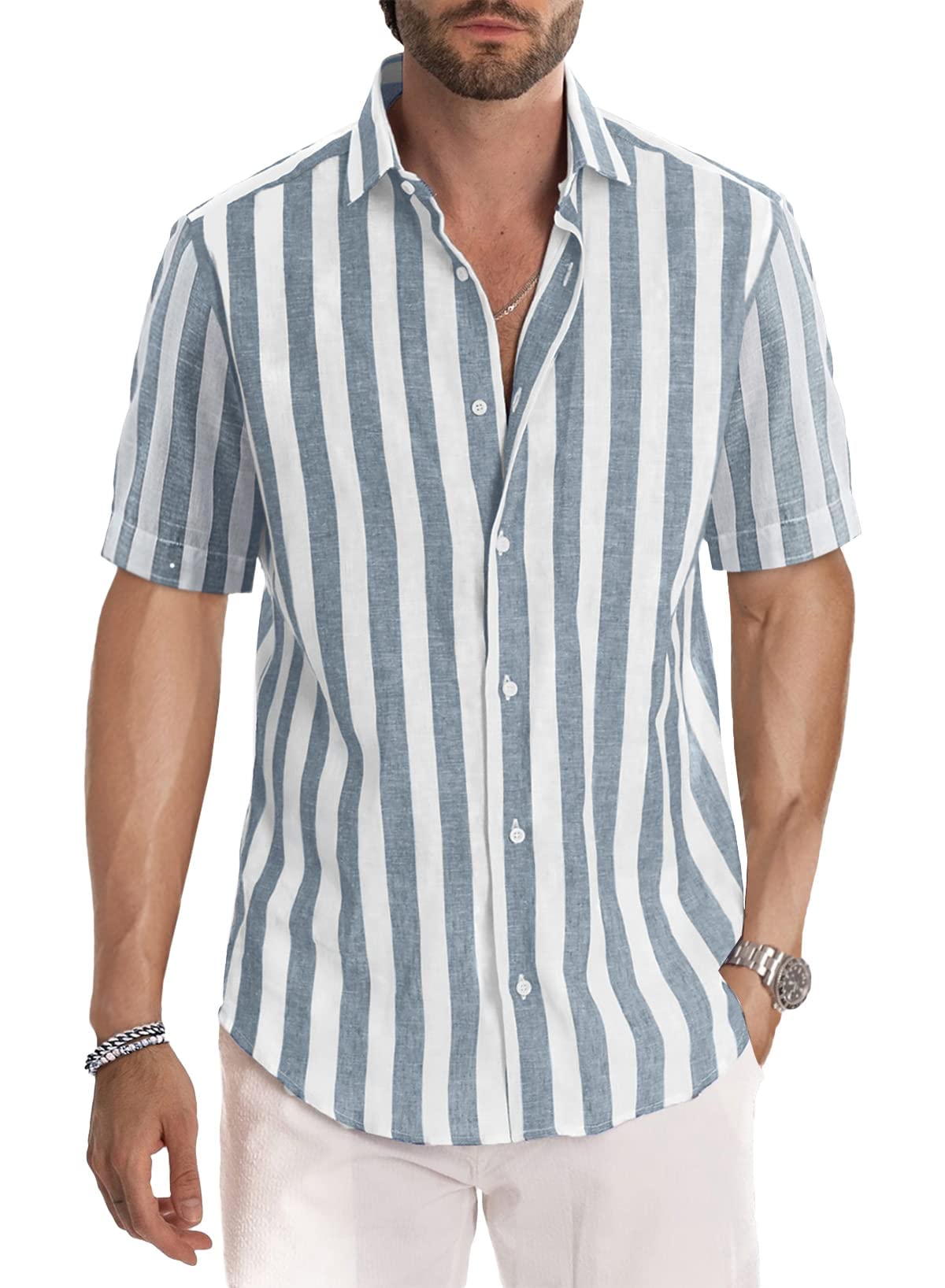 JMIERR Men's Casual Stylish Short Sleeve Button-Up Striped Dress Shirts Cotton Shirt