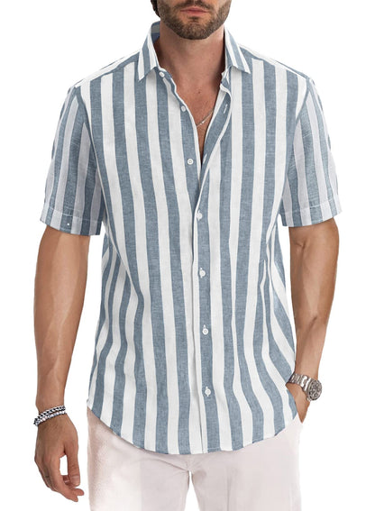 JMIERR Men's Casual Stylish Short Sleeve Button-Up Striped Dress Shirts Cotton Shirt