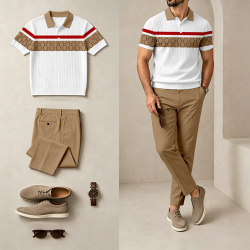 Men's Casual Striped, Two-Tone Print Short-Sleeve Polo Shirt And Pants Set (Excludes Accessories Such As Watches And Glasses)