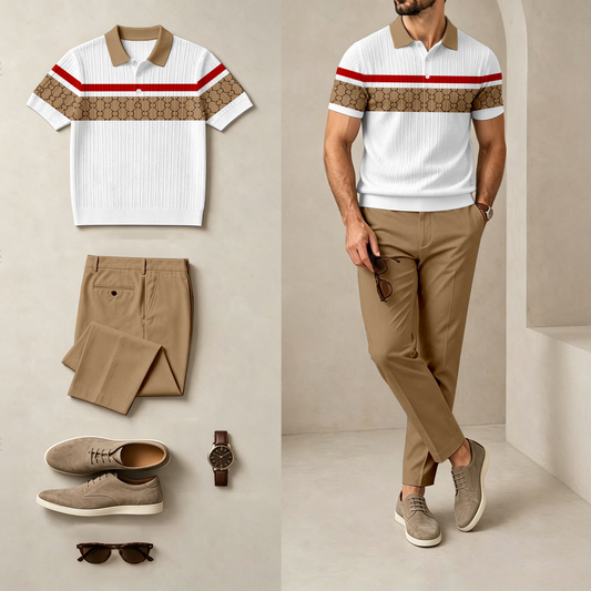 Men's Casual Striped, Two-Tone Print Short-Sleeve Polo Shirt And Pants Set (Excludes Accessories Such As Watches And Glasses)