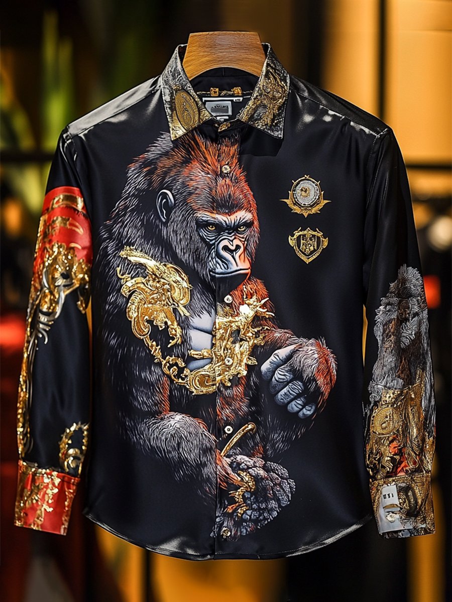 Men's Satin Luxe Orangutan Long Sleeve Button Down Shirt