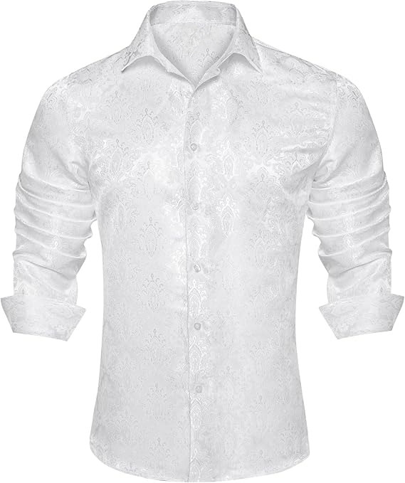 Men's Silk Paisley Dress Shirts,White Paisley