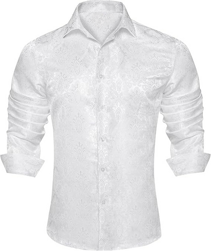 Men's Silk Paisley Dress Shirts,White Paisley