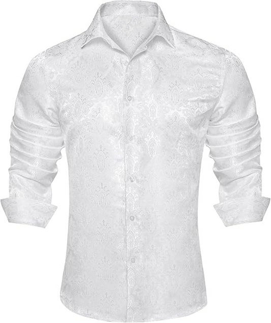 Men's Silk Paisley Dress Shirts,White Paisley
