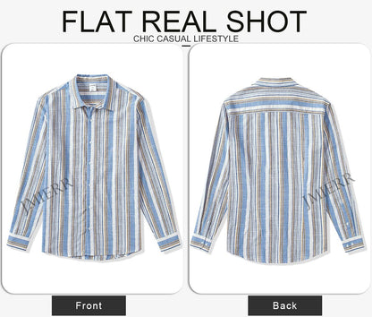 JMIERR Men's Linen Shirts Casual Long Sleeve Button-Down Striped Dress Shirt