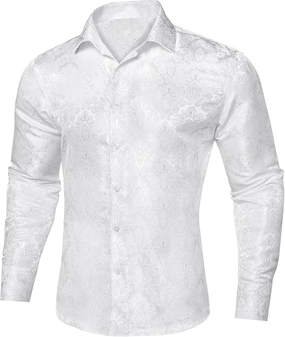 Men's Silk Paisley Dress Shirts,White Paisley