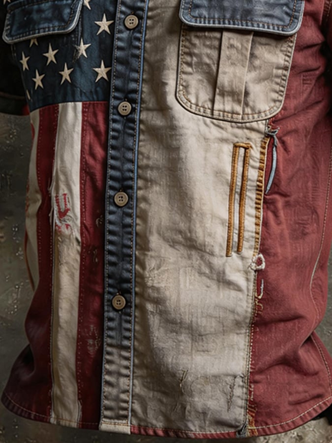 Men's Split American Flag Patchwork Distressed Short Sleeve Shirt, Vintage Button Up Casual Top