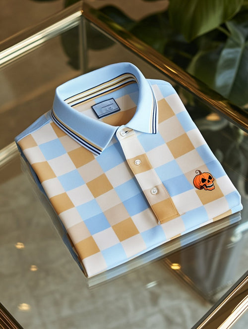 Men's Classic Business Check Halloween Pumpkin Skull Logo Button Short Sleeve Polo Shirt