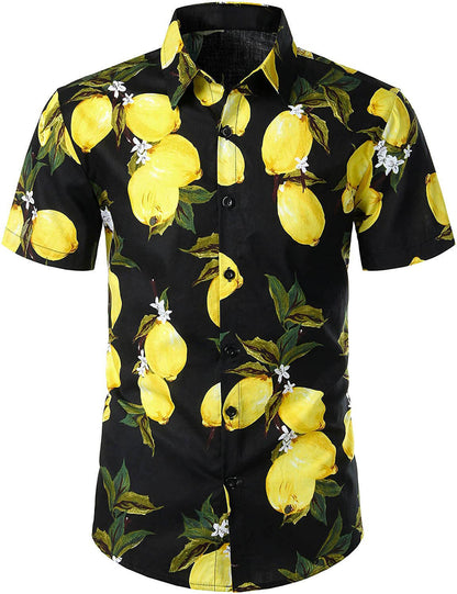 Men's Yellow Lemon Print Short Sleeve Hawaiian Shirt