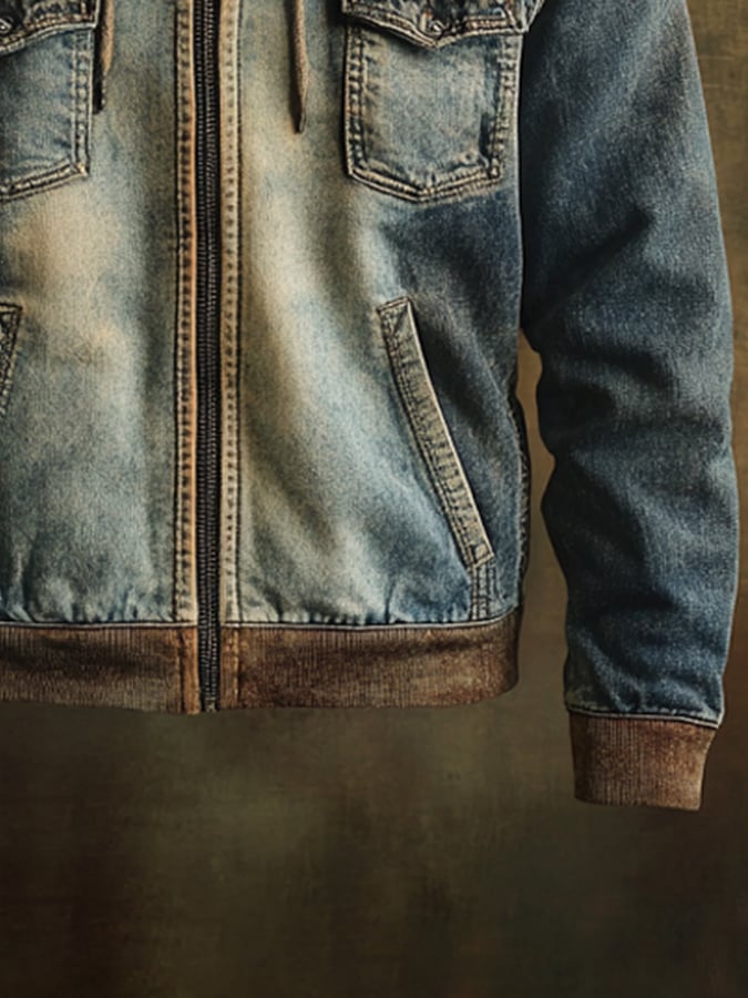 Men's Retro Denim Splicing Plush Hooded Jacket