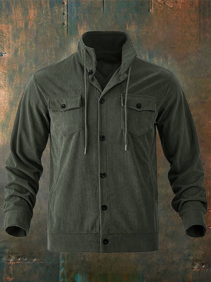 Men's Jacquard Stand Collar Solid Color Retro Multi-Pocket Jacket