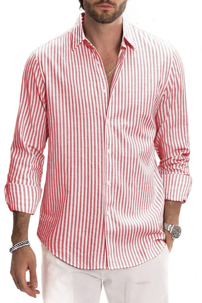 JMIERR Men's Linen Shirts Casual Long Sleeve Button-Down Striped Dress Shirt