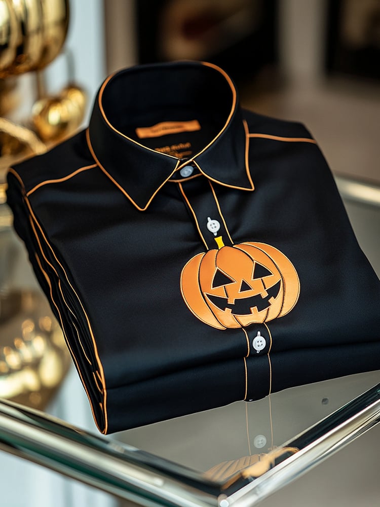Men's Business Casual Pumpkin Print Lapel Long Sleeve Shirt