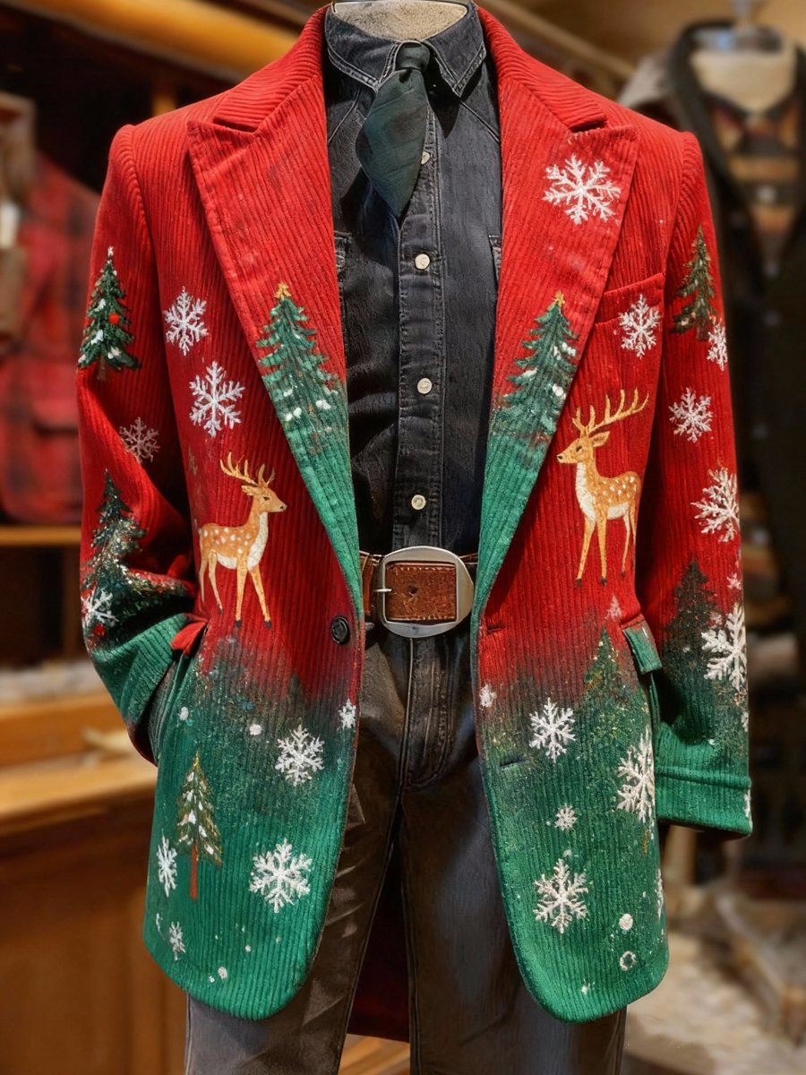 Men's Fashion Christmas Evergreen Deer Lapel Suit Jacket