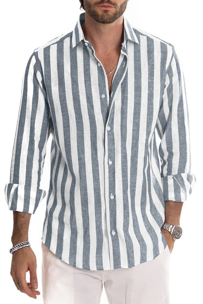 JMIERR Men's Linen Shirts Casual Long Sleeve Button-Down Striped Dress Shirt