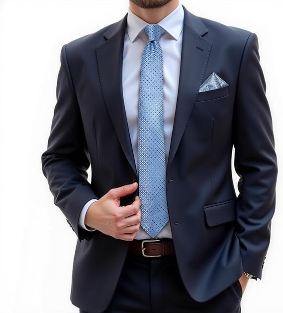 Men's Solid Color Tie and Pocket Square Set,Light Blue
