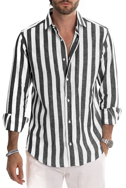 JMIERR Men's Linen Shirts Casual Long Sleeve Button-Down Striped Dress Shirt