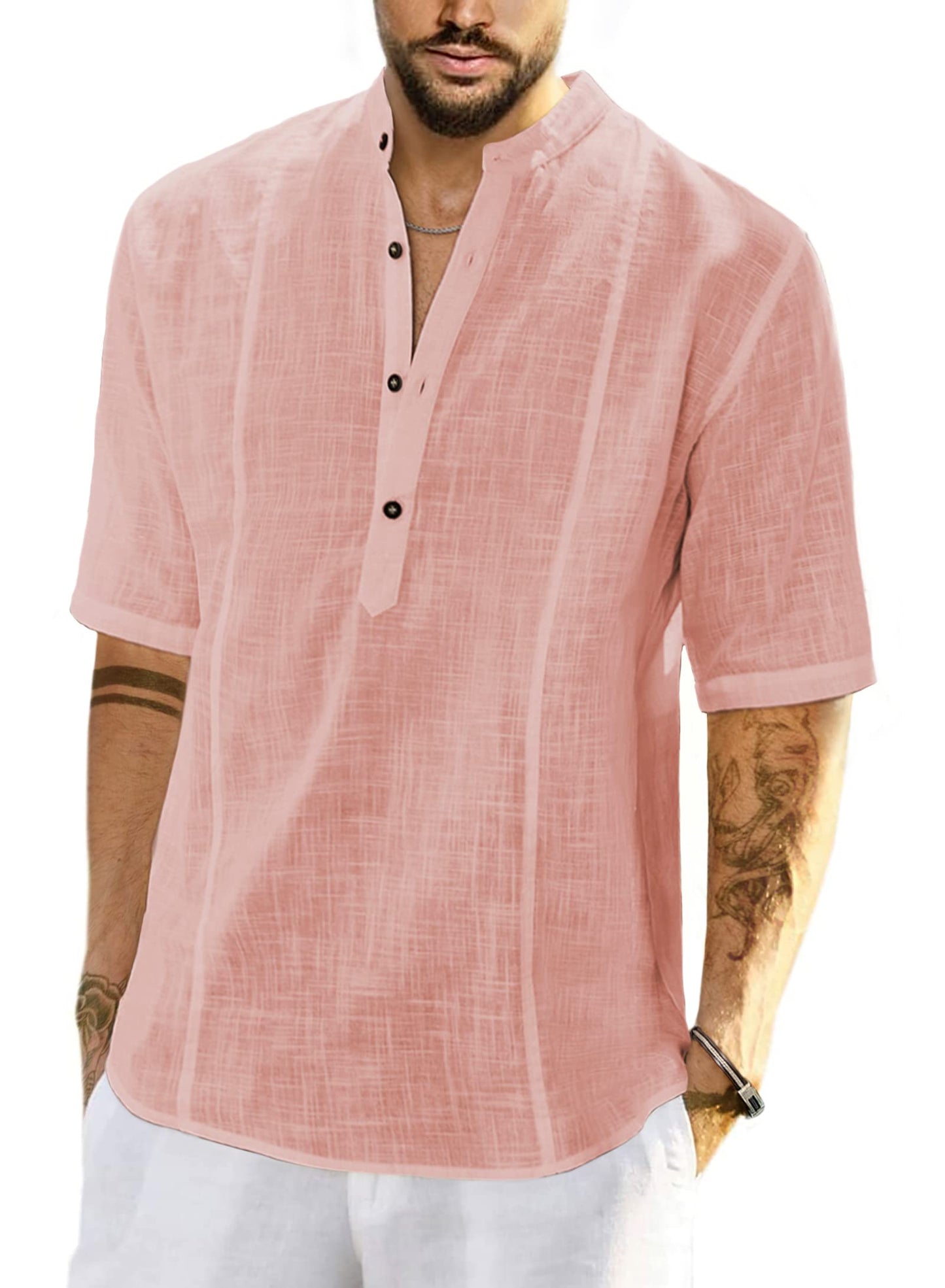 JMIERR Mens Cotton Linen Henley Shirt Casual Button Down Short Sleeve Tropical Shirts Summer Beach T Shirts