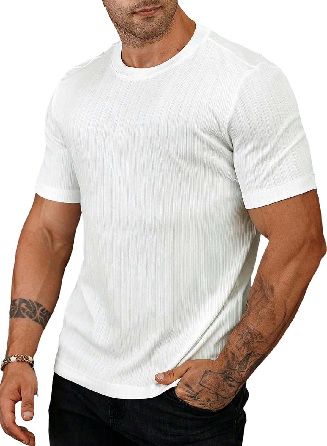 JMIERR Men's Muscle T Shirt Crewneck Short Sleeve Slim Fit Longline Ribbed Knit Stretch Workout Tee Shirts