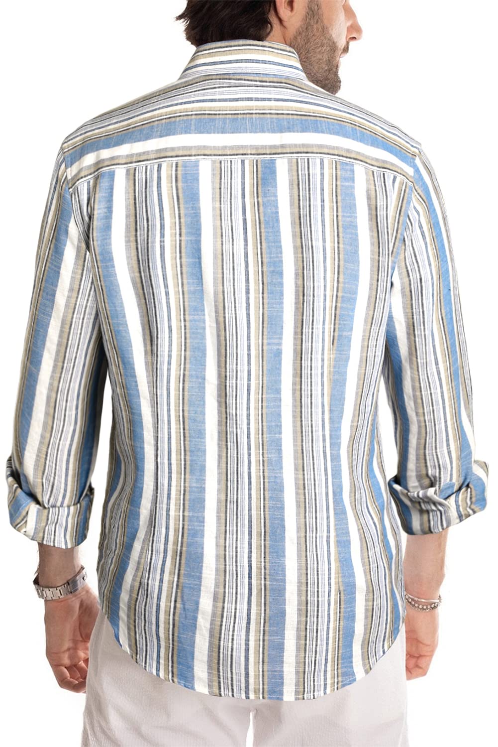 JMIERR Men's Linen Shirts Casual Long Sleeve Button-Down Striped Dress Shirt