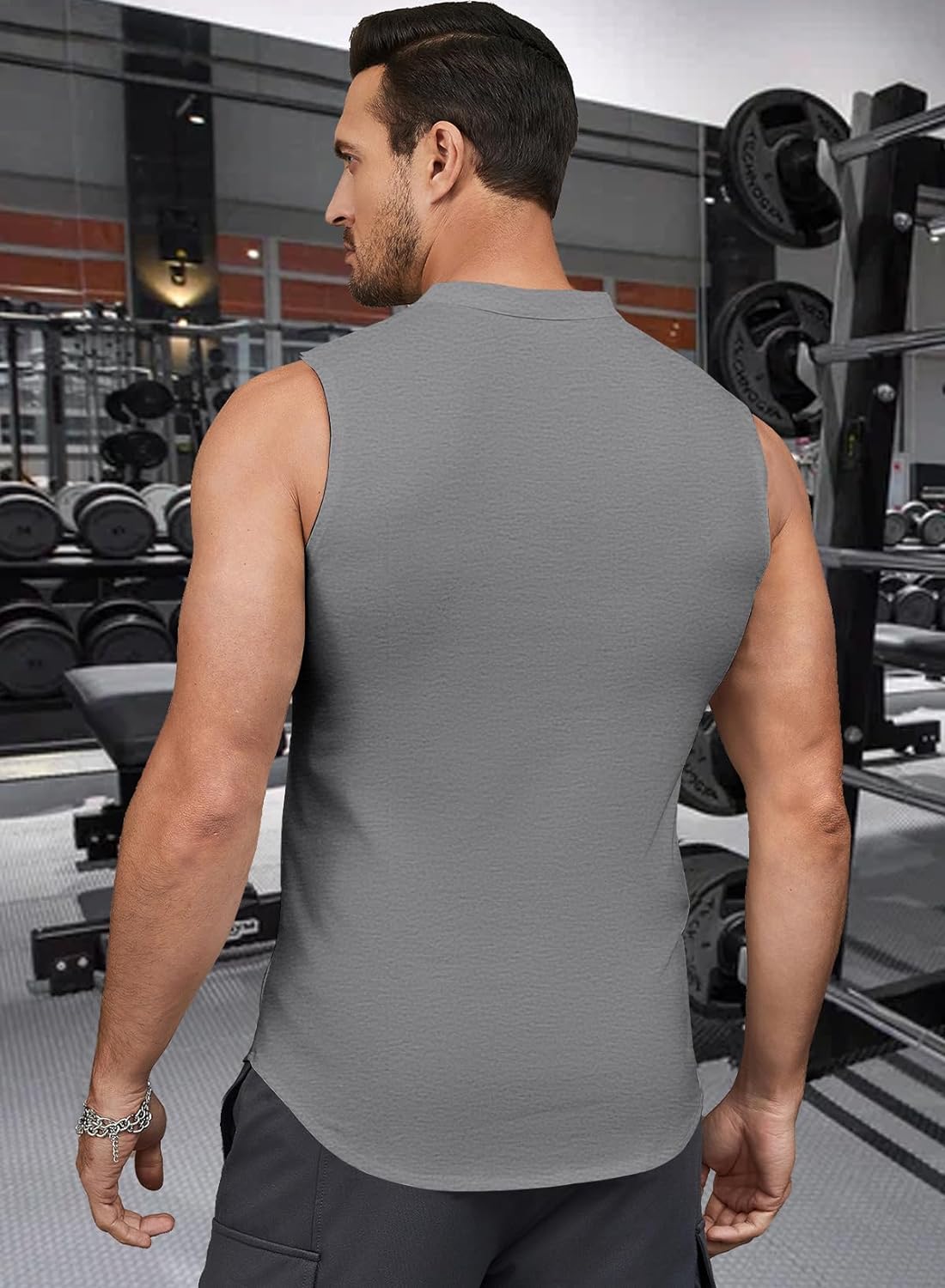 JMIERR Men's Muscle Sleeveless Tank Tops Slim Henley Longline Cotton T-Shirt Tees with Button