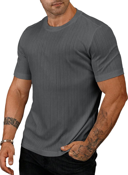 JMIERR Men's Muscle T Shirt Crewneck Short Sleeve Slim Fit Longline Ribbed Knit Stretch Workout Tee Shirts