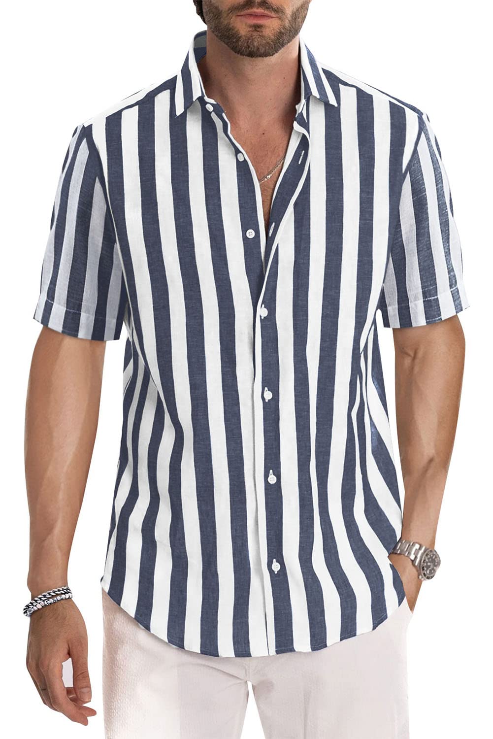 JMIERR Men's Casual Stylish Short Sleeve Button-Up Striped Dress Shirts Cotton Shirt