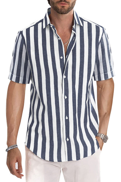 JMIERR Men's Casual Stylish Short Sleeve Button-Up Striped Dress Shirts Cotton Shirt