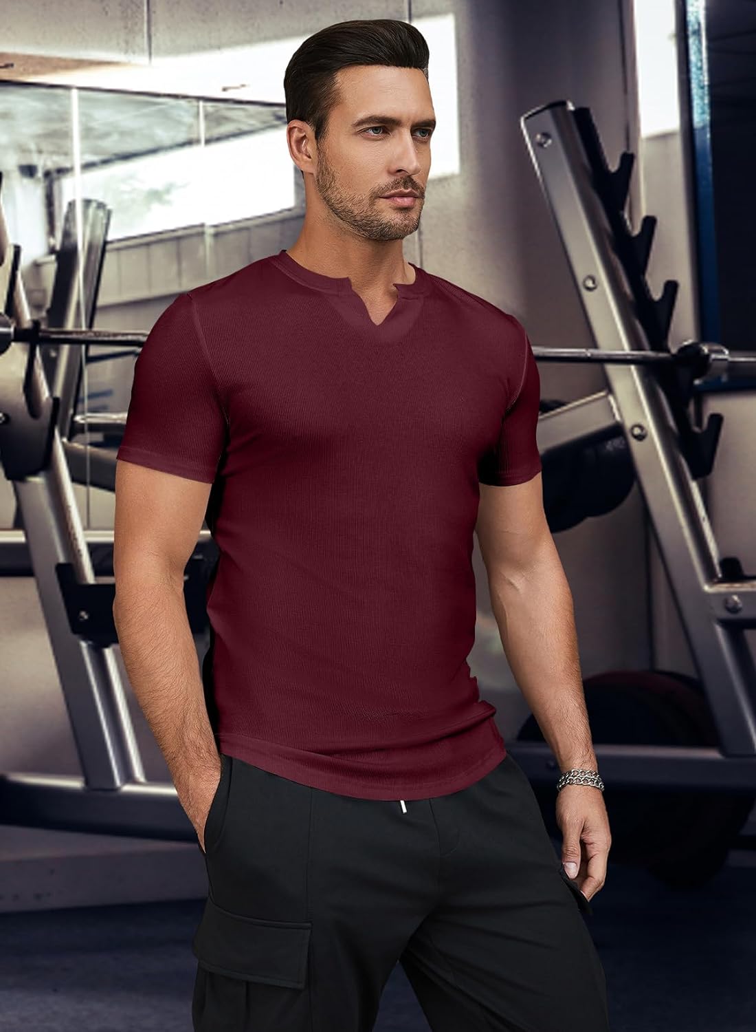 JMIERR Mens Muscle Slim T Shirt V-Neck Longline Henley Shirt Gym Workout Athletic Tee Shirts