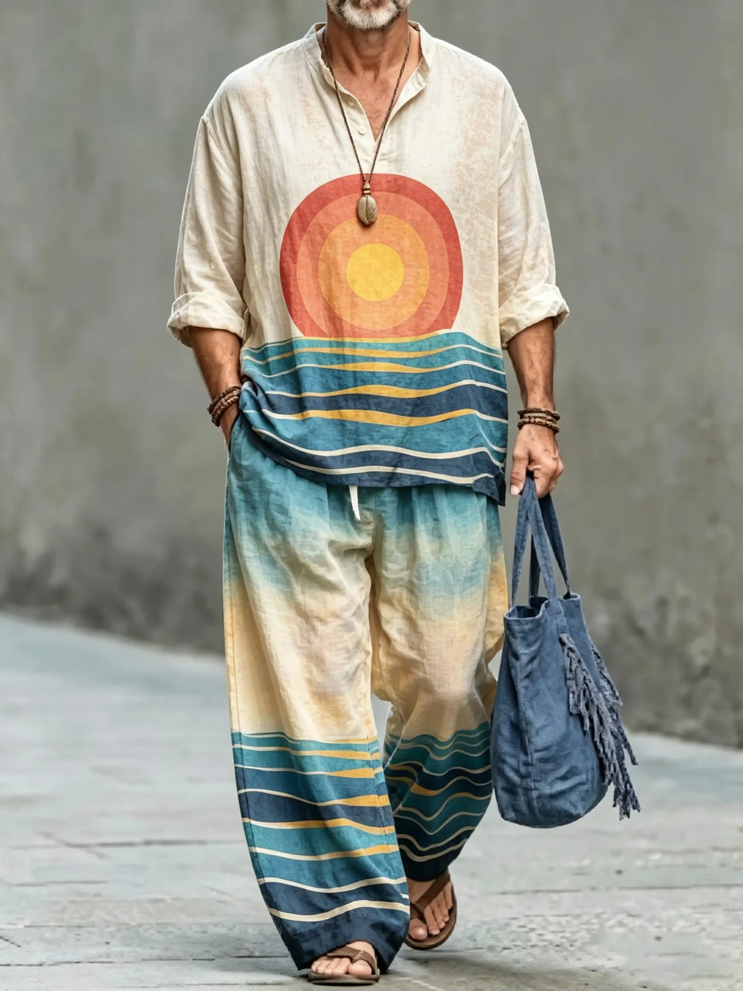 Men's Vintage Abstract Art Printed Cotton Shirt Set (Top & Pants)