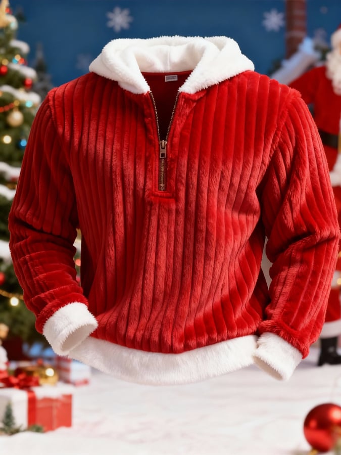 Men's 3D Textured Warm Plush Color-Blocked Christmas Hooded Sweatshirt